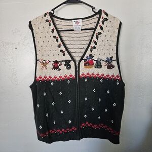 Nut Cracker Vtg Women's XL Cream Olive Knit V-Neck Sweater Vest Christmas Winter